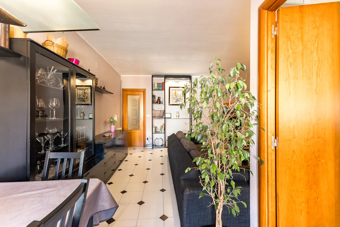 A living room with black furniture, a gray sofa, and a ficus tree near a wooden door. The floor is tiled in white and black.