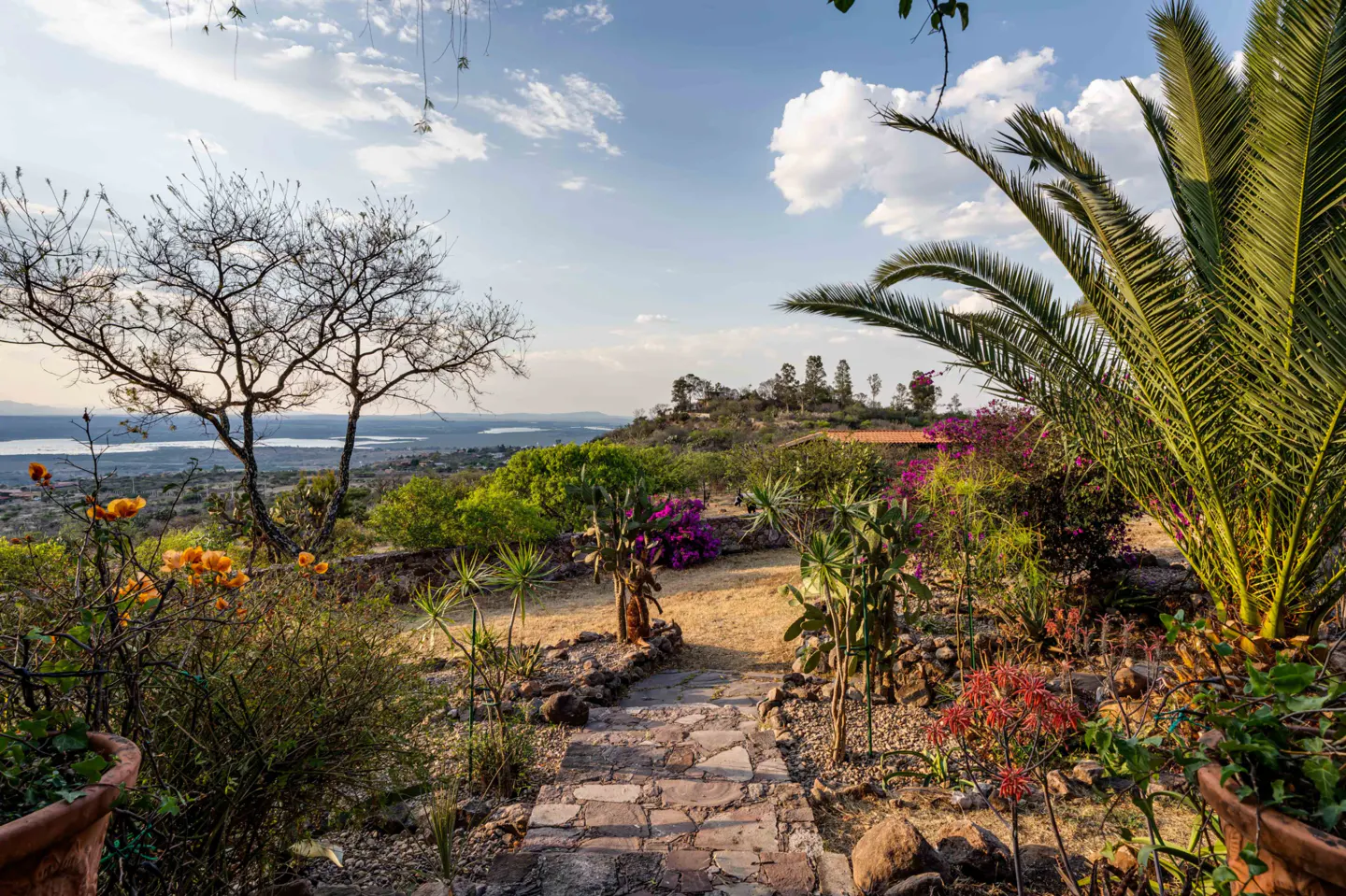 Stone steps lead through a lush garden with colorful flowers, trees, and a distant lake under a blue sky with white clouds.