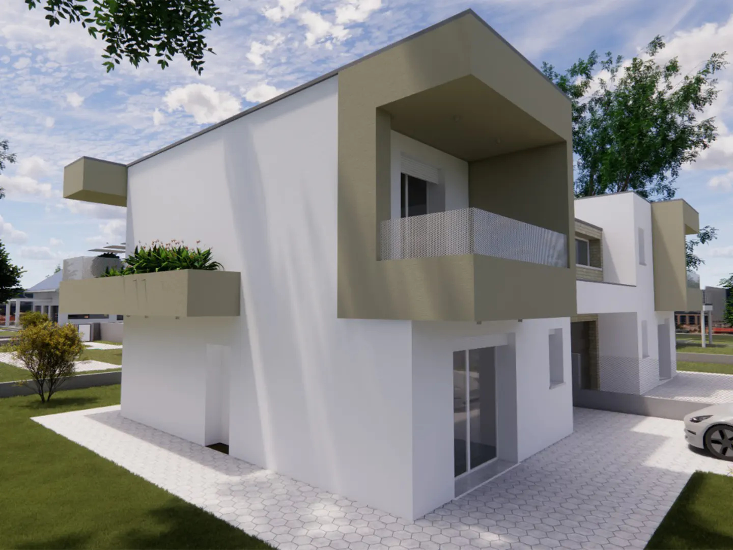 Modern white house with olive green accents, featuring a balcony and large windows, set against a blue sky with trees.