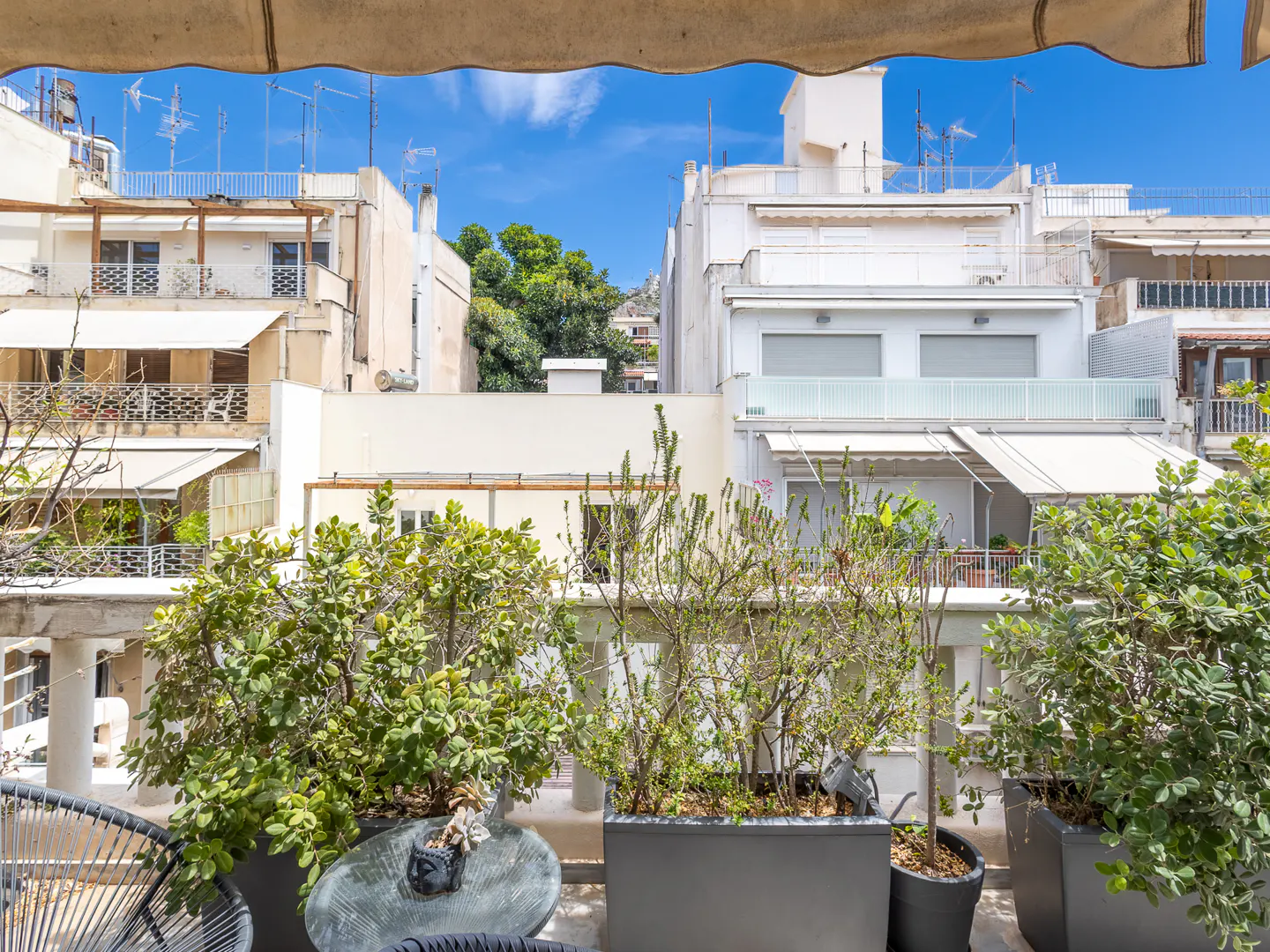 View from a balcony with potted plants and a small table, overlooking white apartment buildings under a clear blue sky.