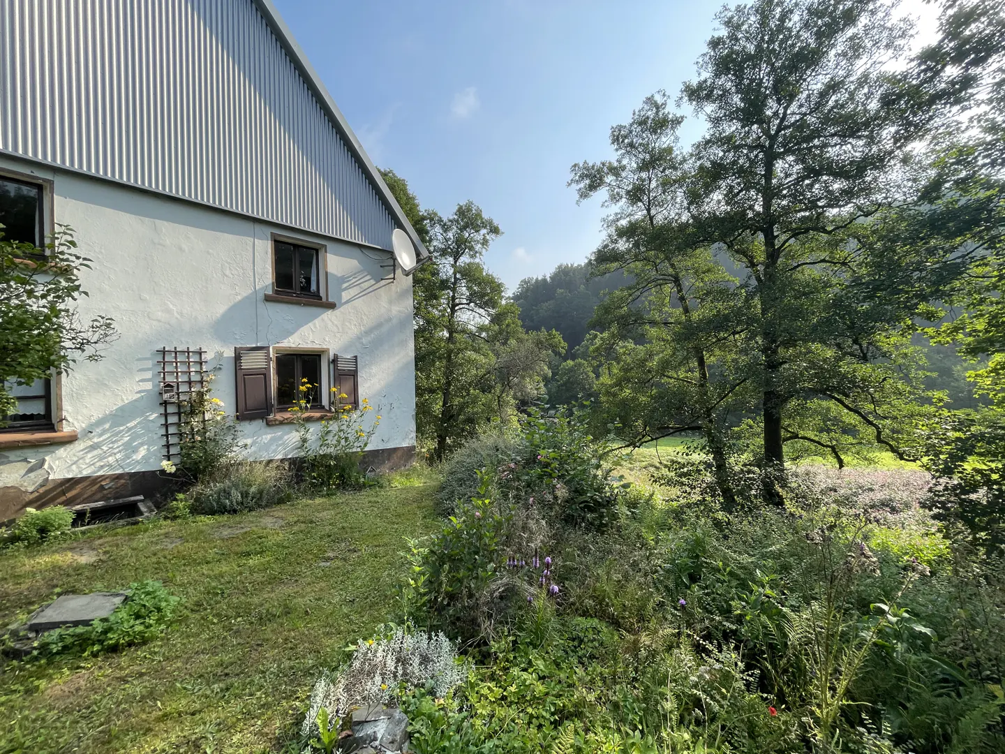Exterior view of a white house with brown shutters, a metal roof, and a satellite dish, surrounded by green trees and grass.