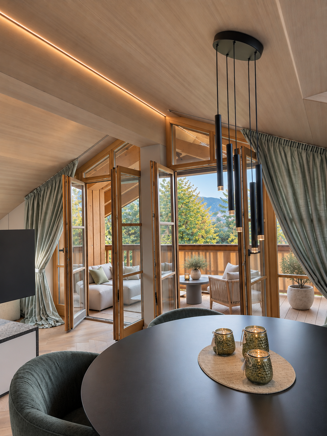 Modern dining room with a round black table, pendant lights, and large glass doors opening to a scenic balcony. [AI-generated text]