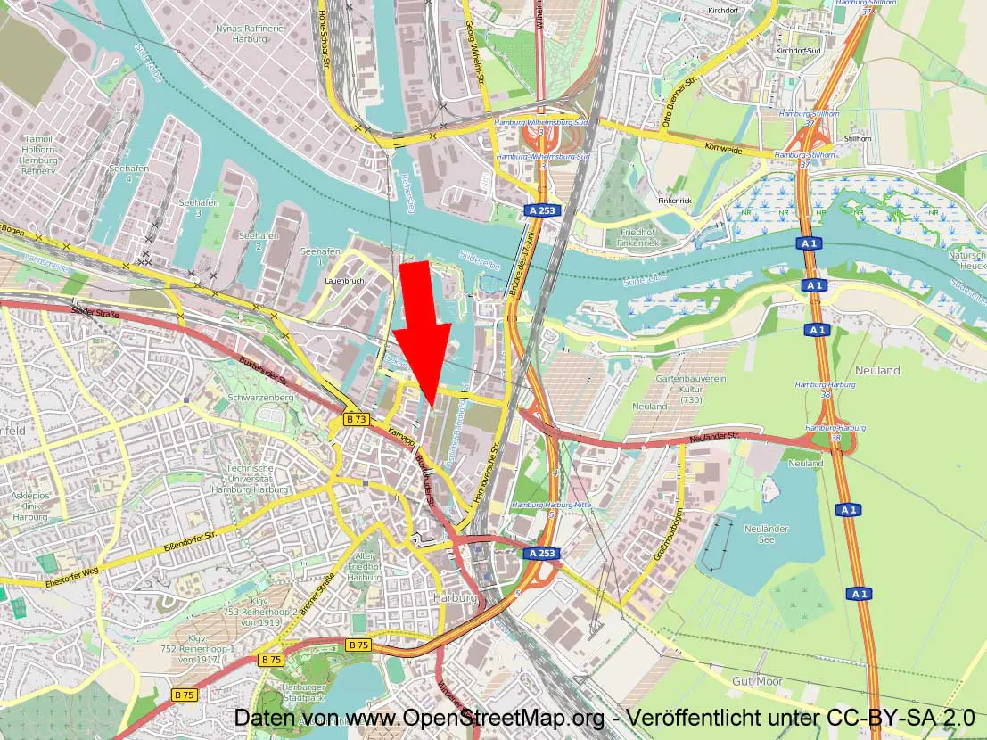 Map view of Hamburg, Germany, with a large red arrow pointing to the Harburg district near the A253 highway and the Elbe River.