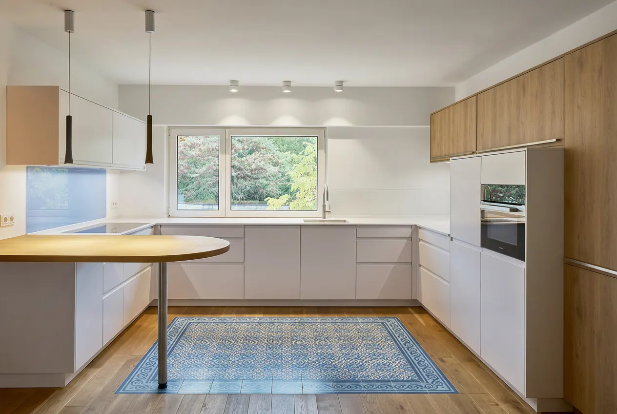 Bright kitchen with white cabinets, wood accents, and a blue patterned rug on a wood floor. A window overlooks trees.
