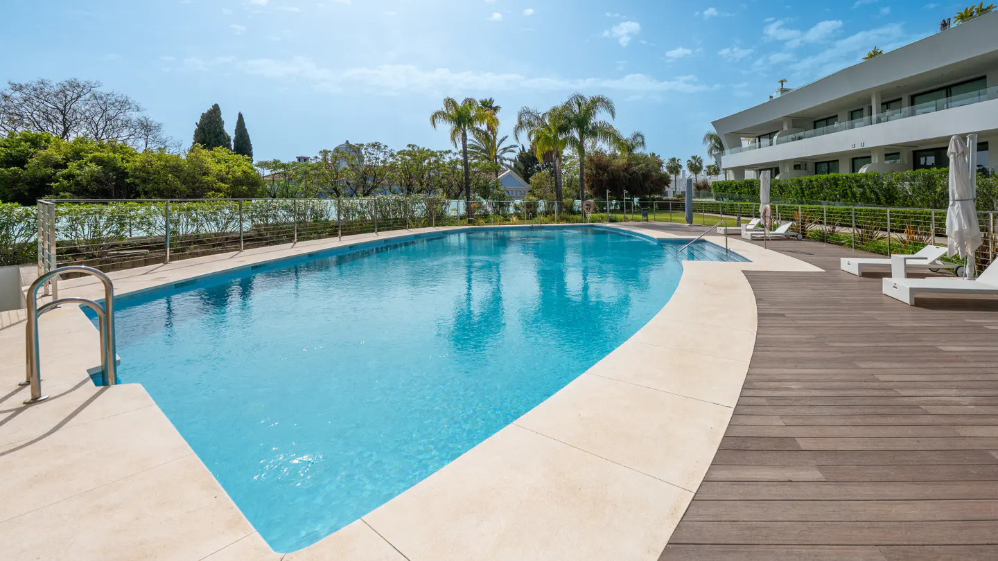Outdoor pool with clear blue water, surrounded by a stone deck and wooden patio with lounge chairs. Palm trees and a modern building in the background.