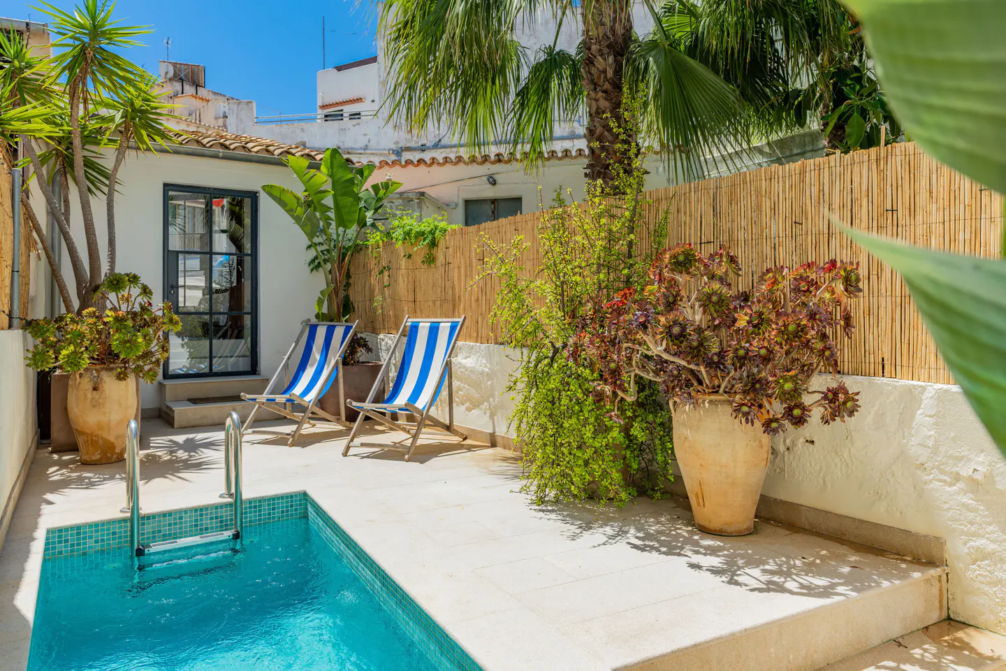 A small, bright blue pool is surrounded by two blue and white striped lounge chairs and potted plants. A bamboo fence is in the background.