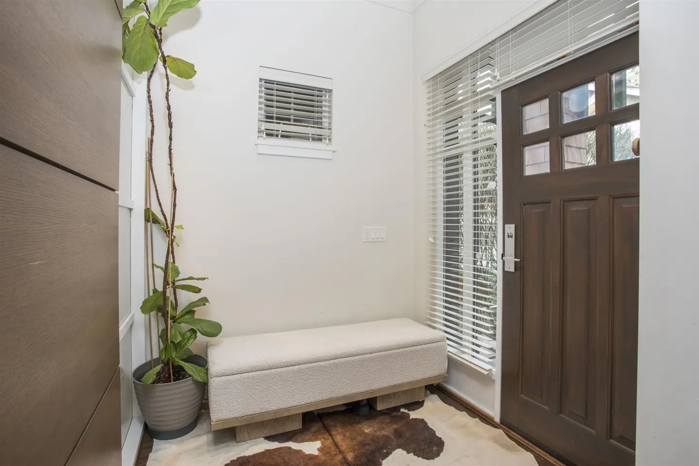 Entryway with a brown door, white walls, a bench, and a potted plant. The floor has a cowhide rug.