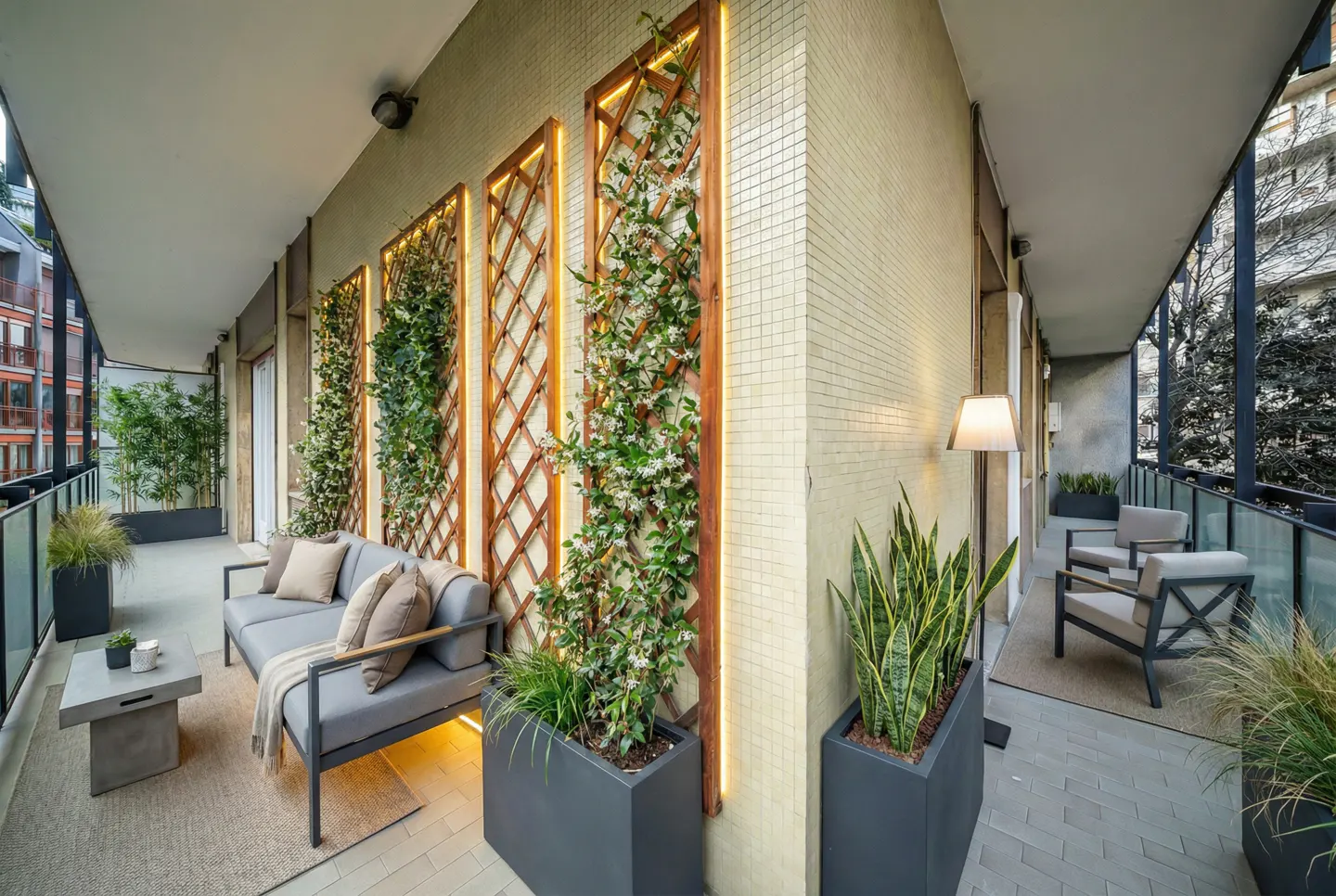 A long balcony with gray furniture, potted plants, and wooden trellises with climbing vines.