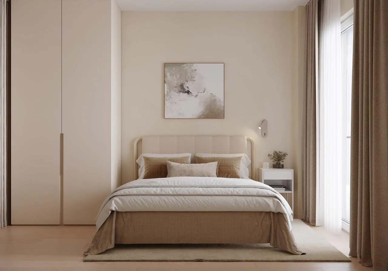 Beige bedroom with a bed, nightstand, and wardrobe. An abstract painting hangs above the bed. Curtains frame a window.
