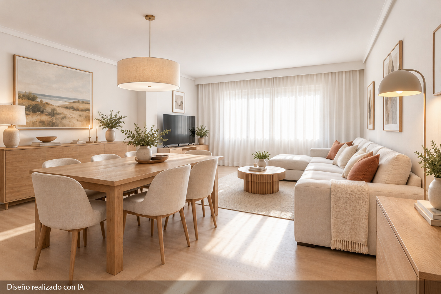 Bright, modern open-plan living and dining room with light wood furniture, beige sofa, and soft natural lighting. [AI-generated text]