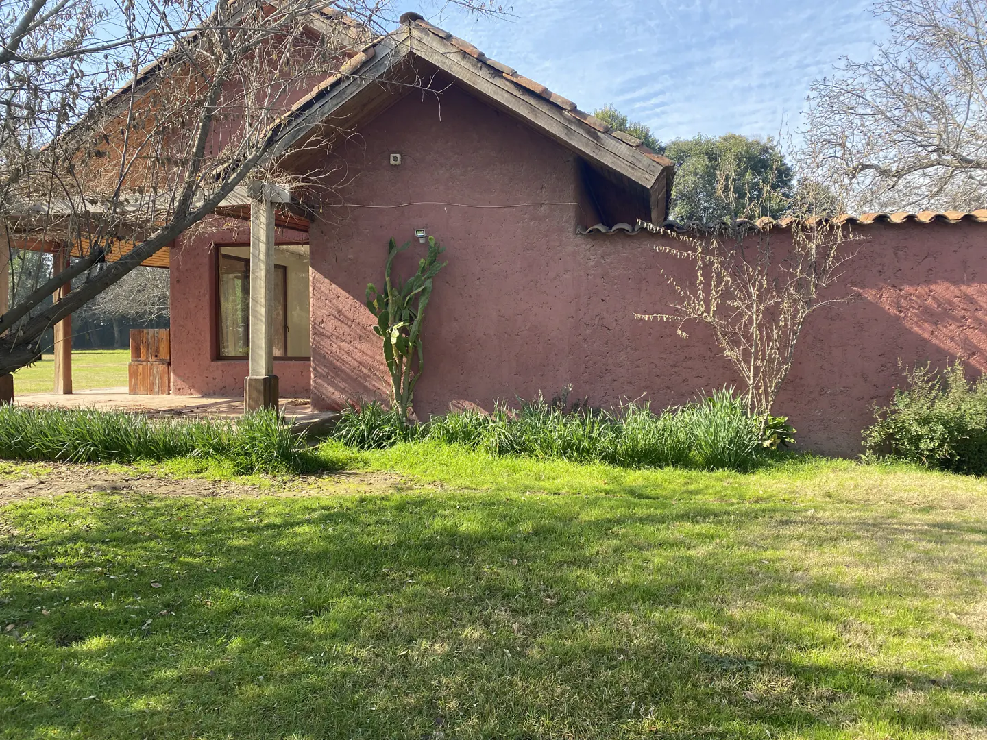 A rustic, terracotta-colored house with a tiled roof, a cactus, and a grassy yard under a clear blue sky.
