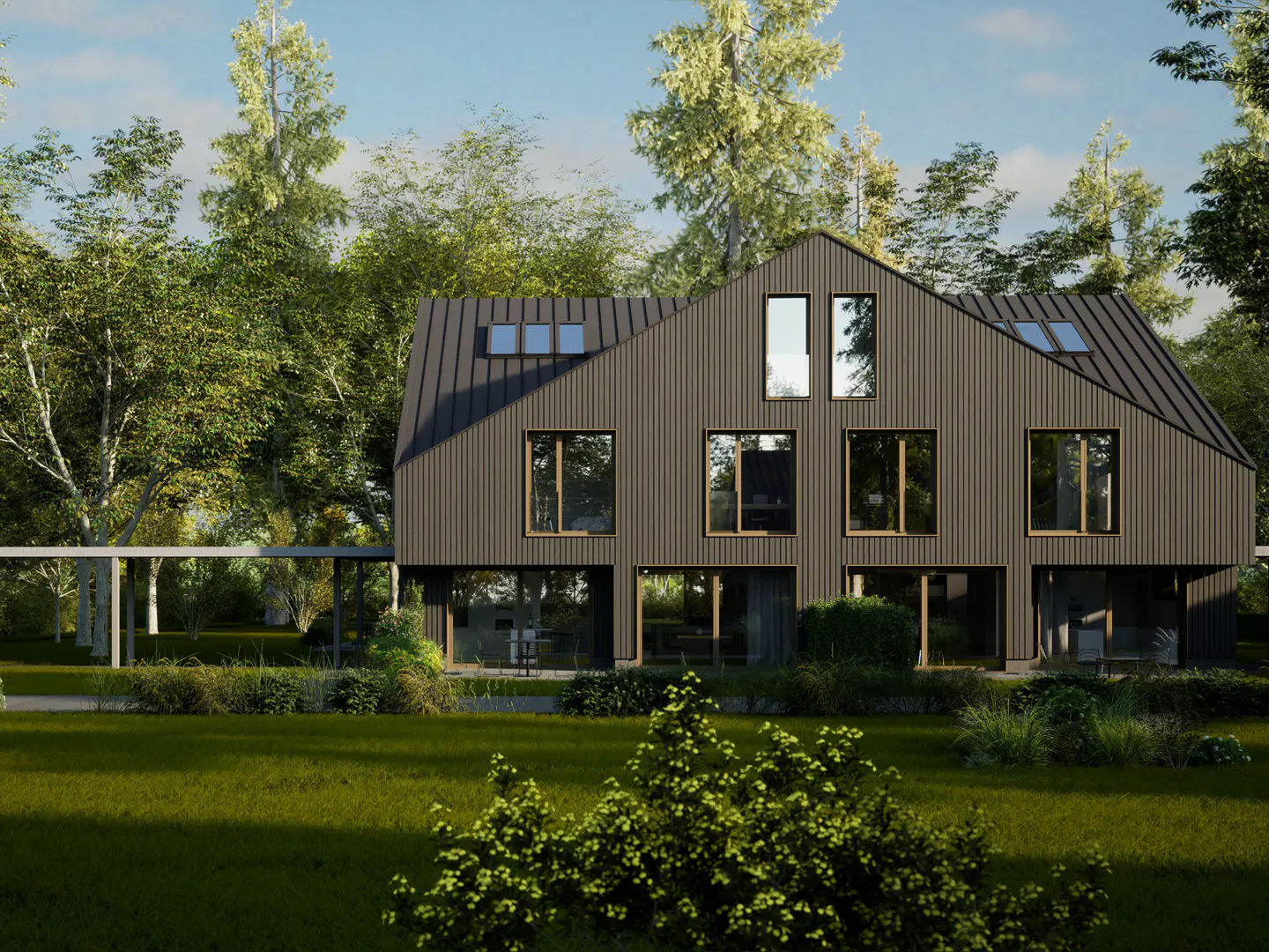 Modern dark brown house with large windows and a metal roof, surrounded by green trees and a lawn.