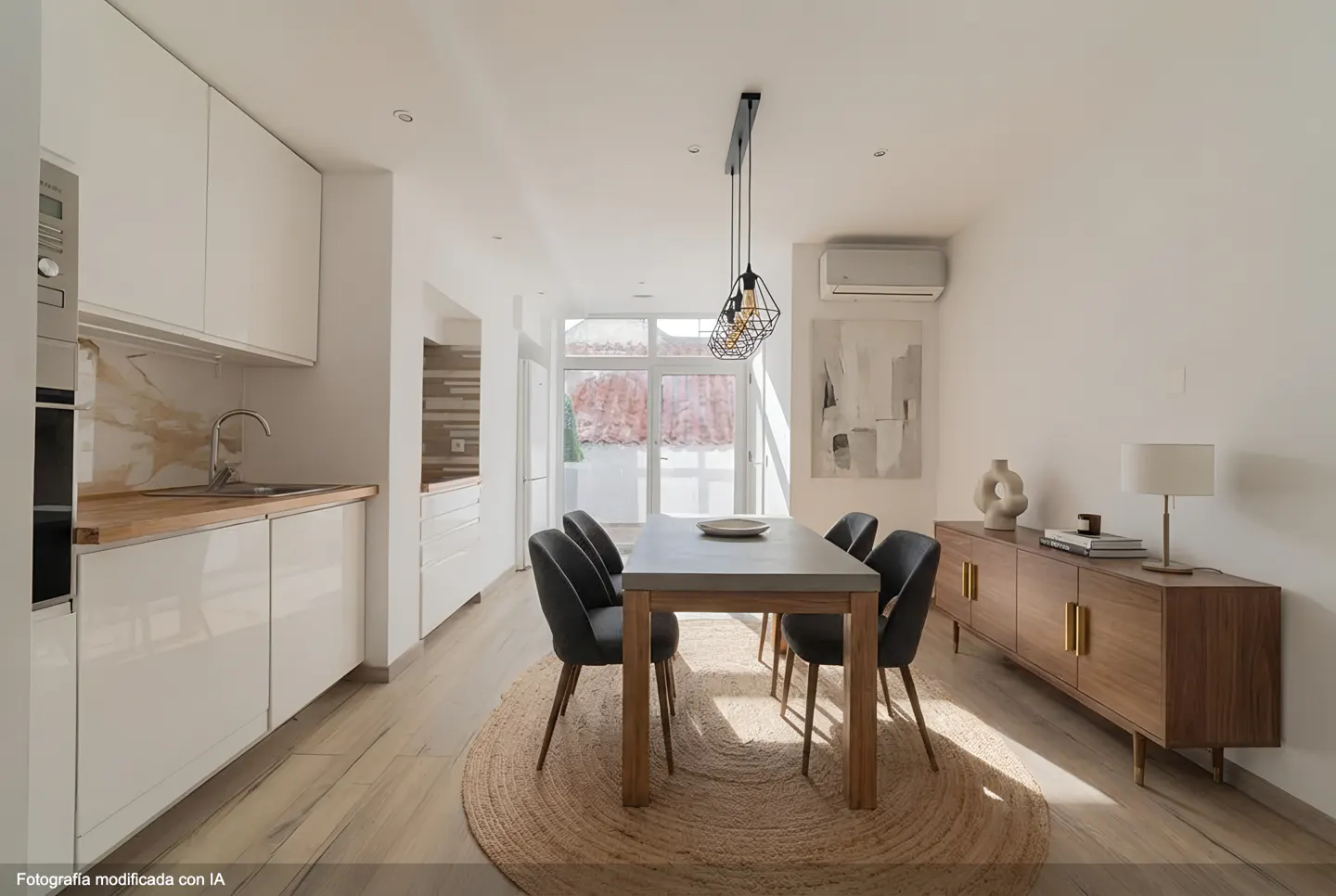 Bright dining area with a gray table, four black chairs, and a jute rug. White cabinets and a wooden sideboard add warmth. Sunlight streams in.