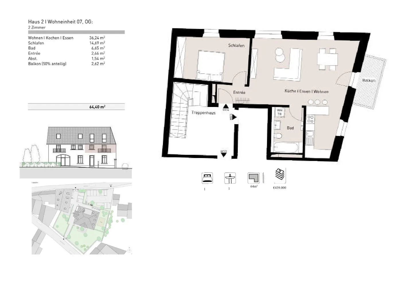 Floor plan of a two-room apartment with a bedroom, kitchen, living room, bathroom, and balcony. Includes building elevation and site plan.