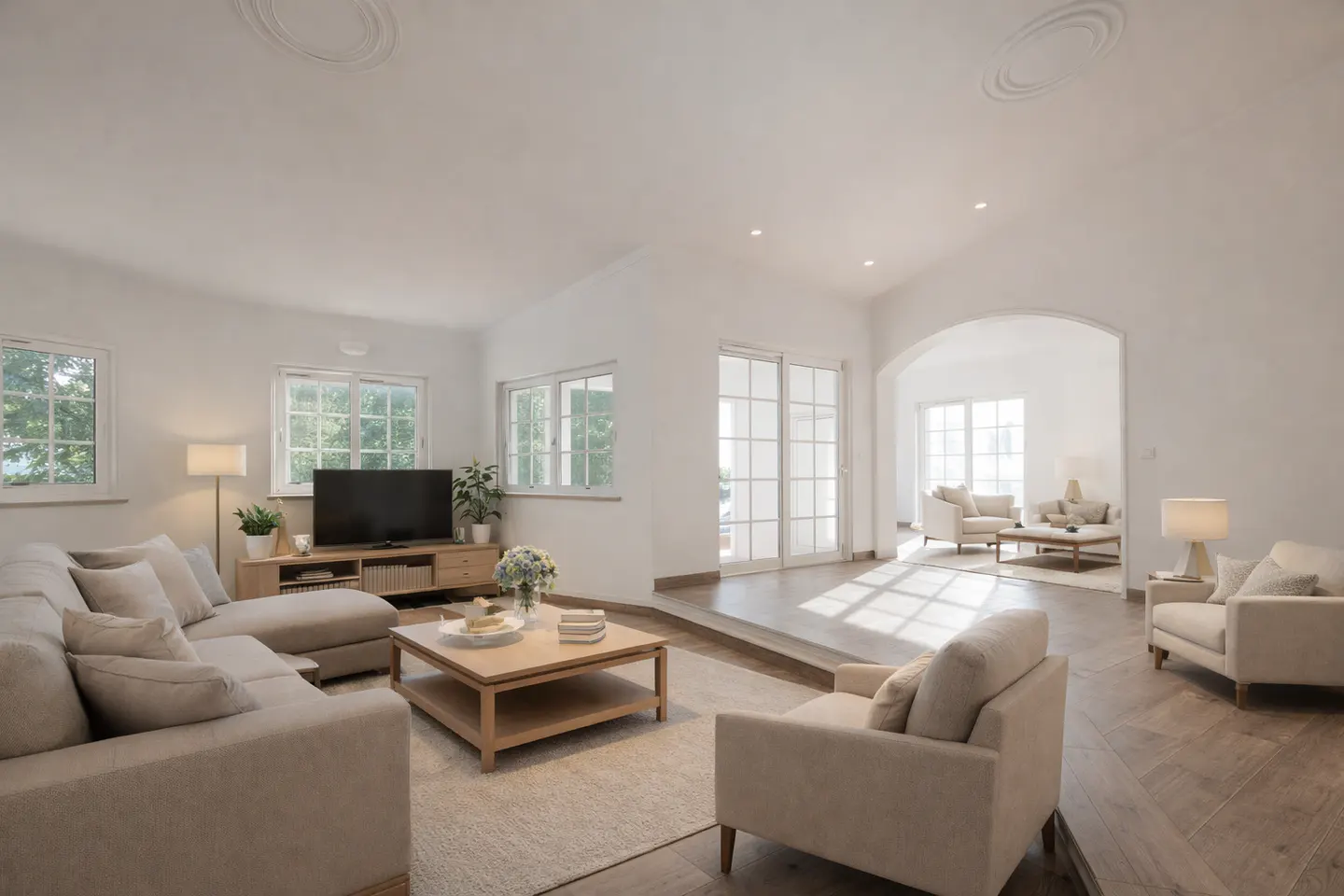 Bright, open living room with beige sectional, wood floors, and white walls. A TV sits on a wooden console under windows.