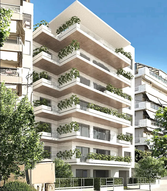 Modern white apartment building with multiple balconies and green plants on each level.