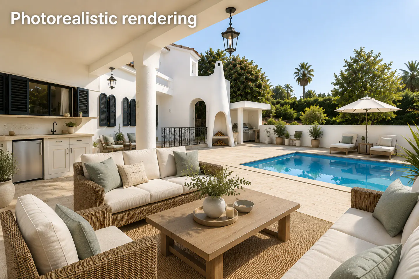 A luxury patio with wicker furniture, a wooden coffee table, and an outdoor kitchen overlooking a blue swimming pool.