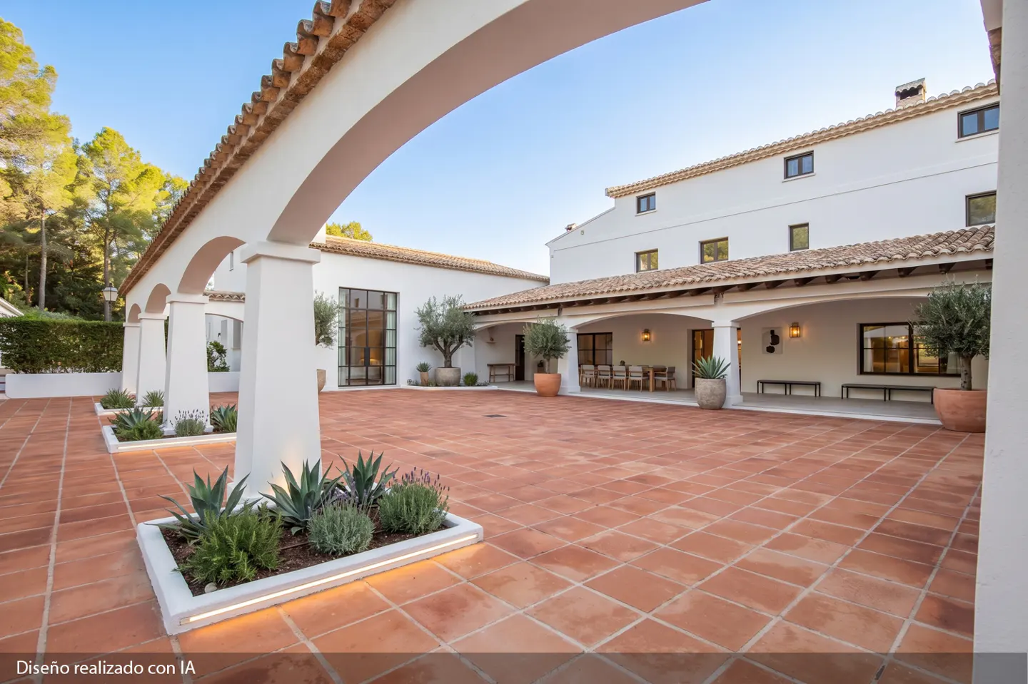 Courtyard view of a white Spanish-style home with terracotta tile, arched colonnade, and landscaped planters.