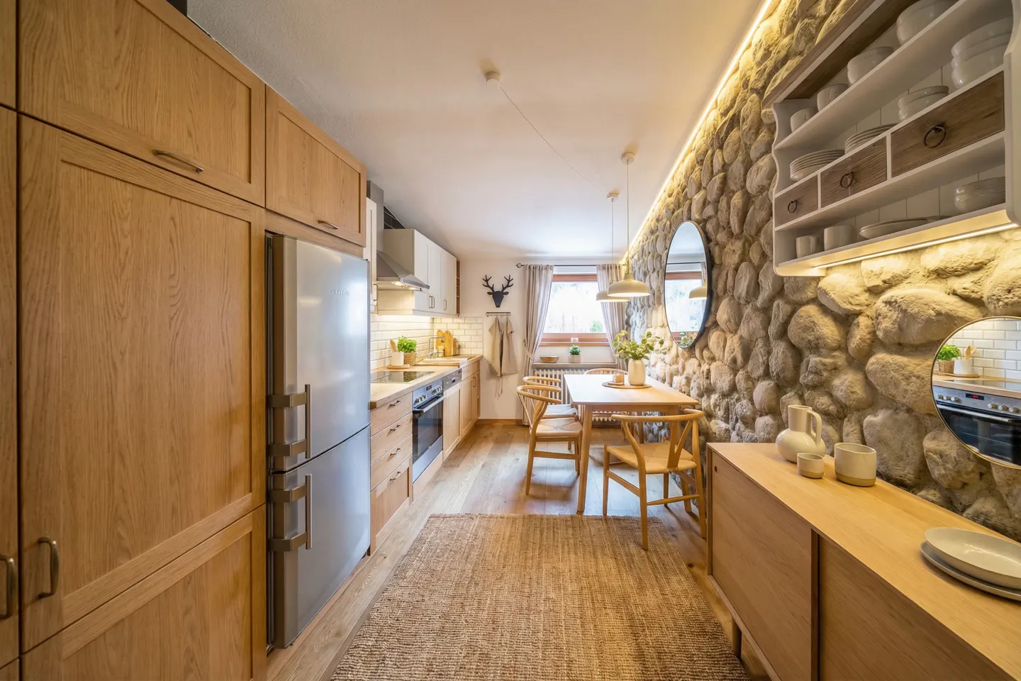 A bright kitchen with wood cabinets, stainless steel appliances, and a stone accent wall. A dining table sits near a window.