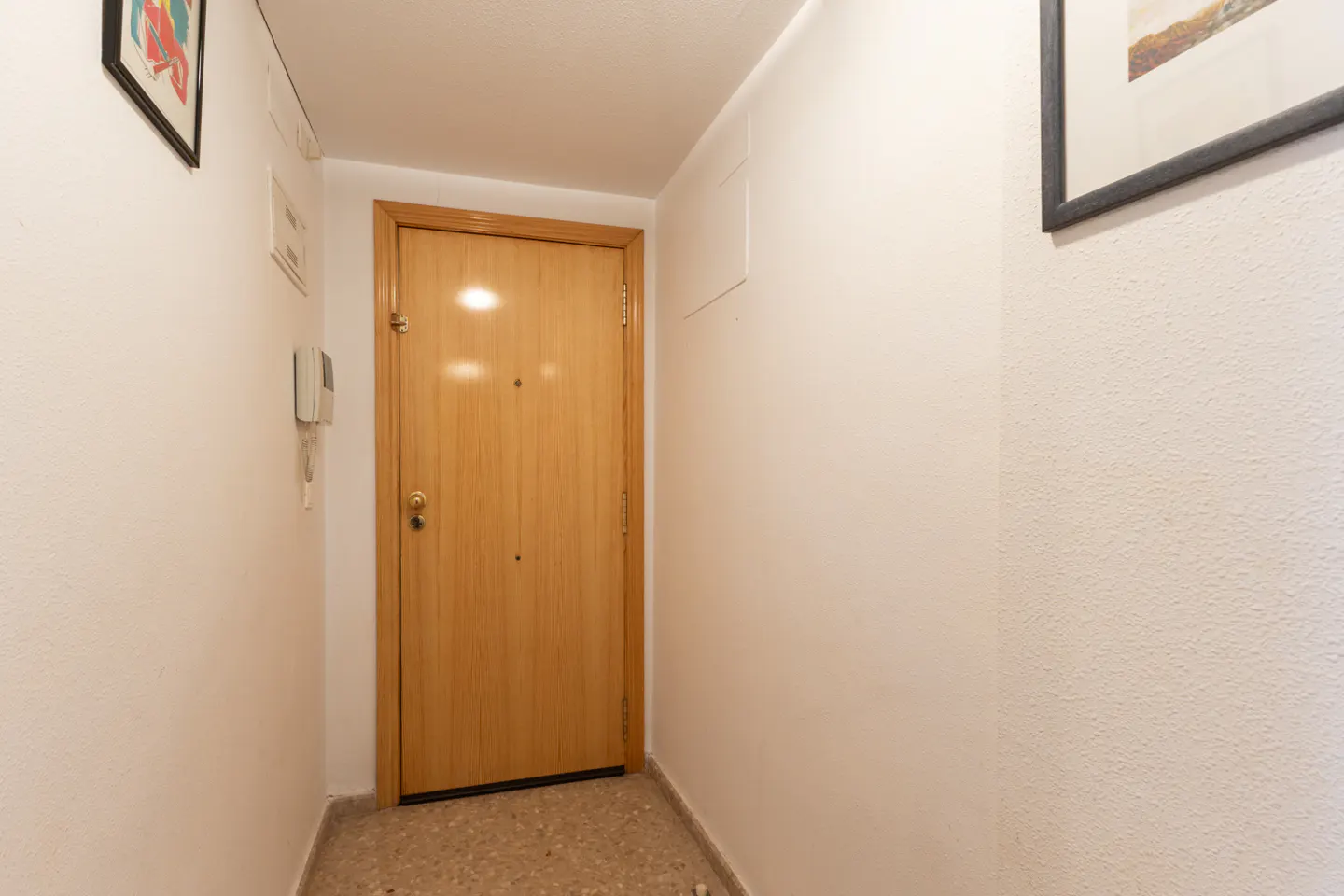 Hallway with a light wood door, white walls, and terrazzo floor. An intercom and framed art are visible.