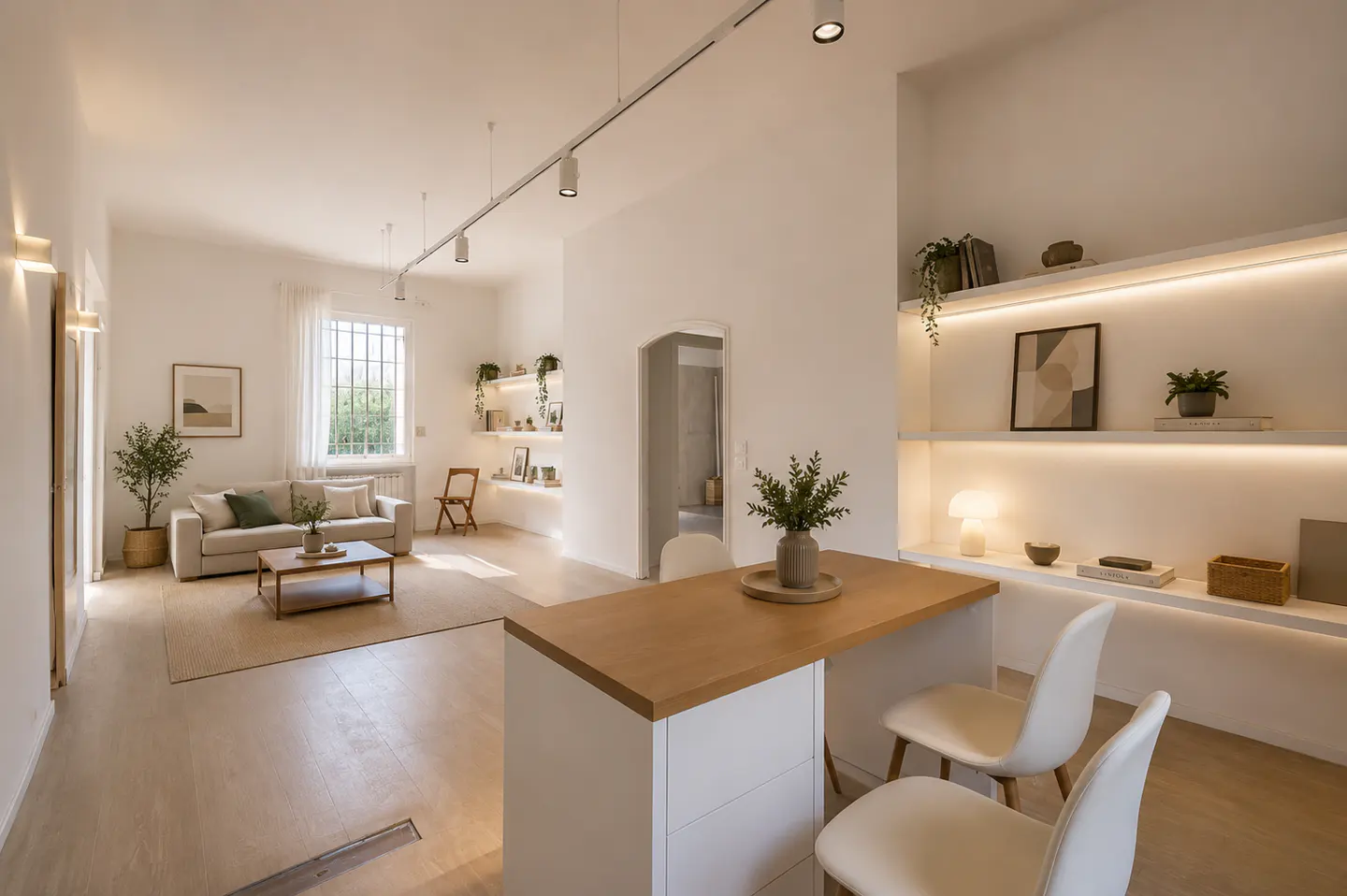 Bright, open-concept living space with white walls, light wood floors, and recessed lighting. A beige sofa sits near a window, and a kitchen island has seating.