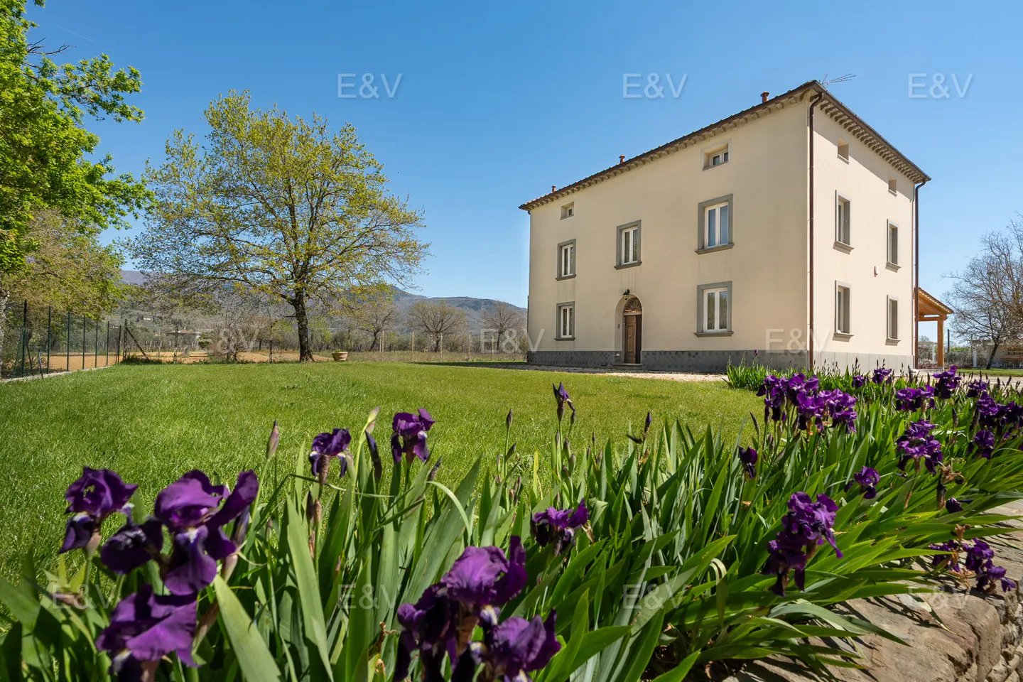 Exterior view of a two-story beige house with a green lawn and purple irises in the foreground.