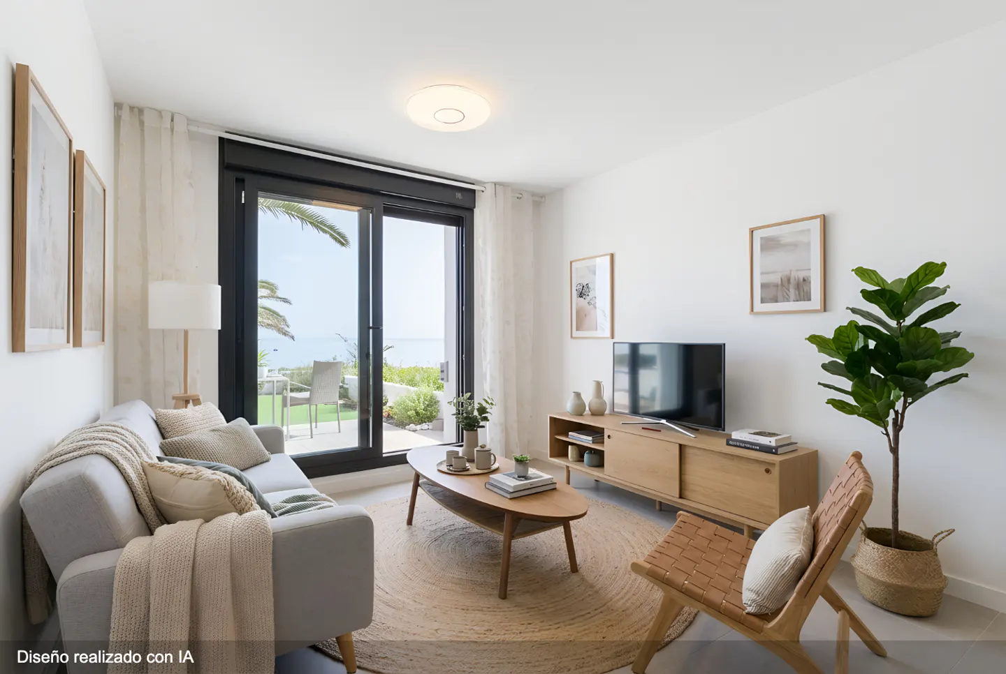Bright living room with a gray sofa, wood furniture, and a large sliding glass door to a patio with ocean views.