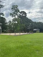 A grassy lot with trees and a cloudy sky. A building is visible in the background.