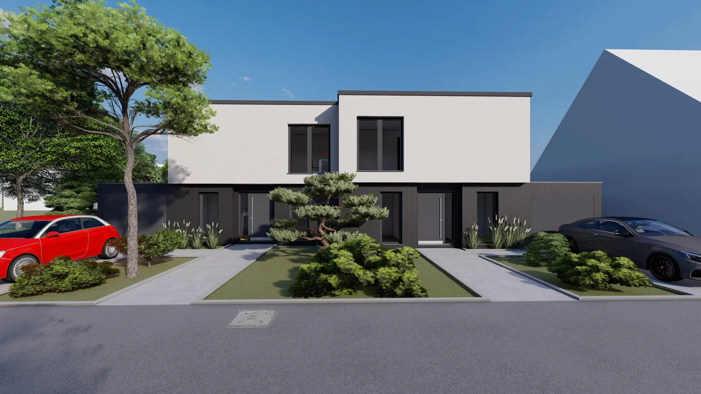 Modern duplex with white and dark gray exterior, black framed windows, and landscaped front yards with cars parked in driveways.