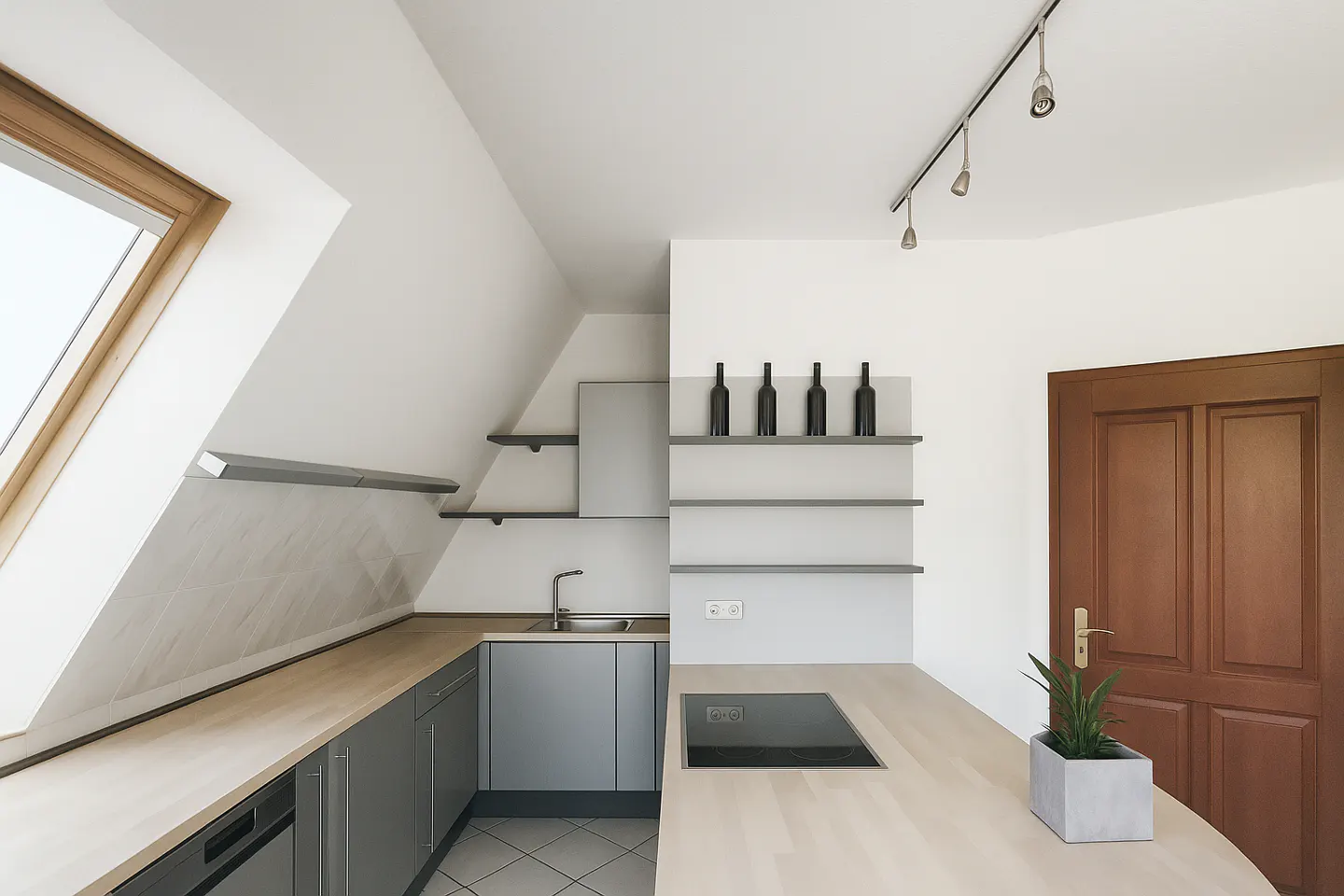 Modern kitchen with gray cabinets, light wood countertops, and white walls. Shelves display wine bottles. A window and track lighting illuminate the space.
