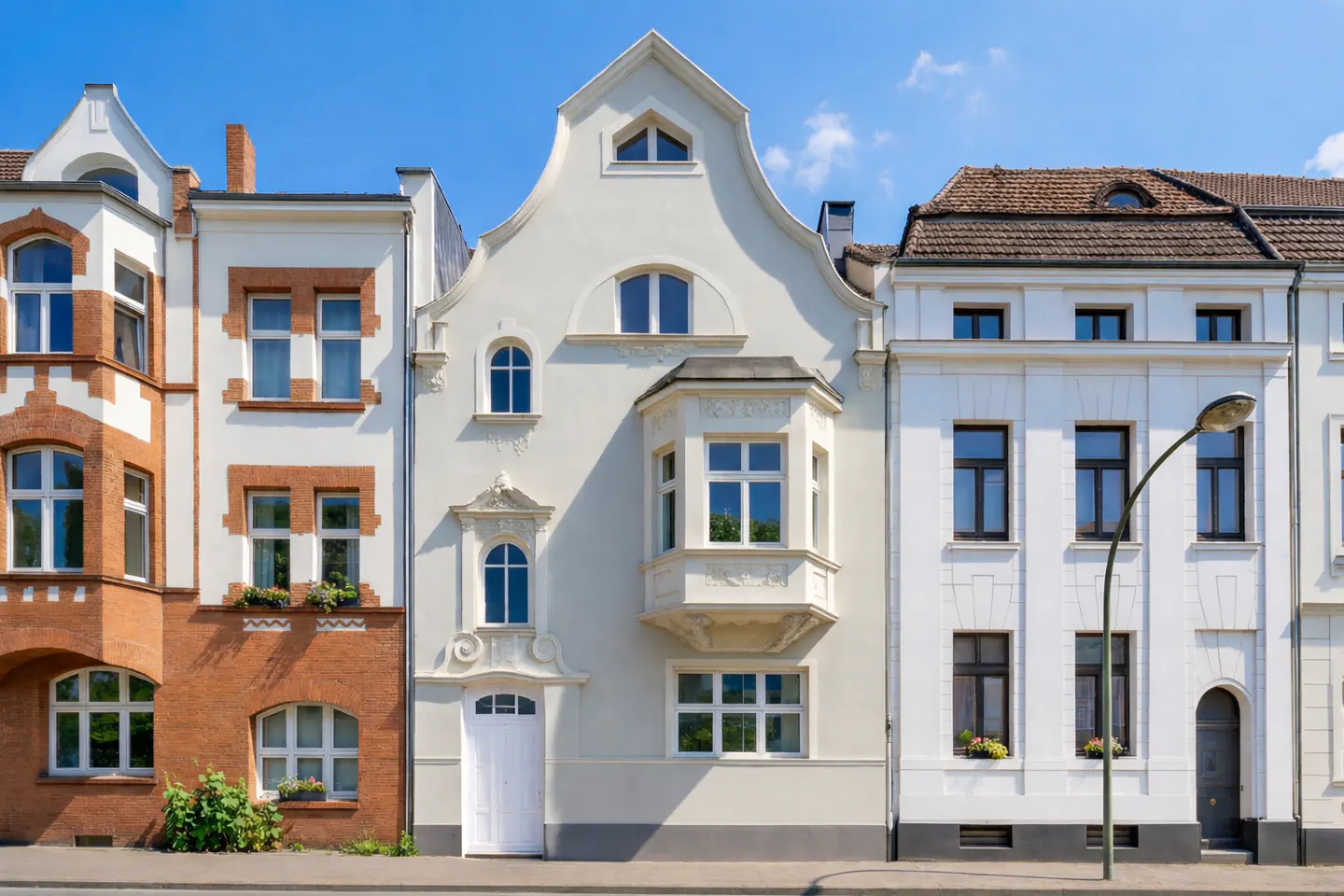 Row of colorful European-style townhouses with varied architectural details under a clear blue sky.
