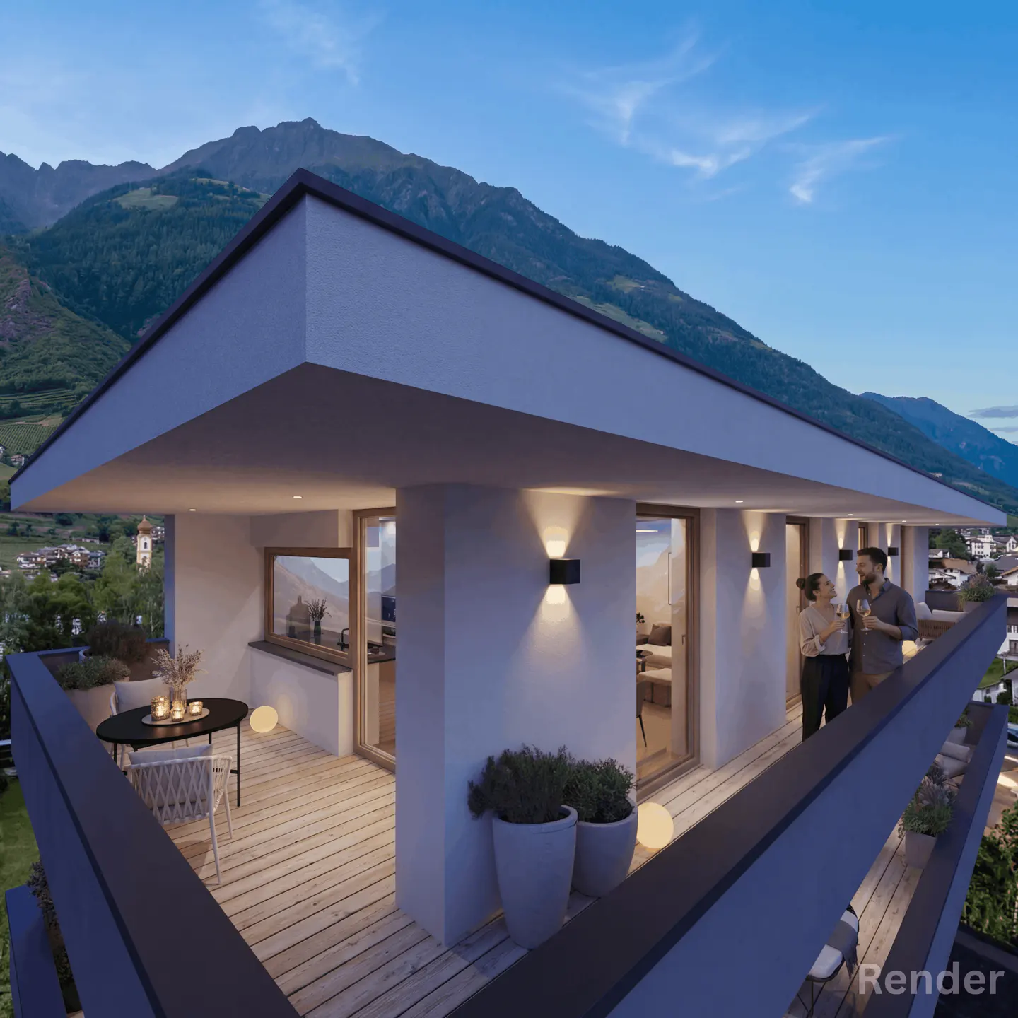Modern apartment balcony with mountain view. A couple enjoys wine on a wooden deck with outdoor lighting and furniture.