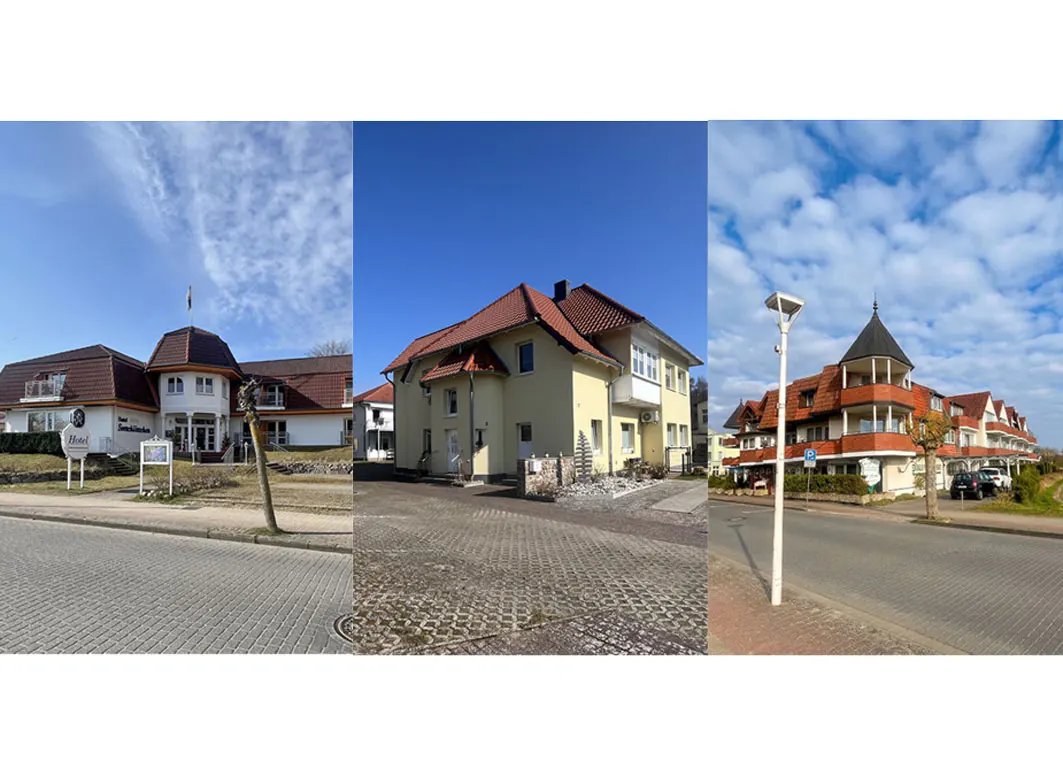 Collage of three buildings: a white hotel, a yellow house, and a white and red apartment building.
