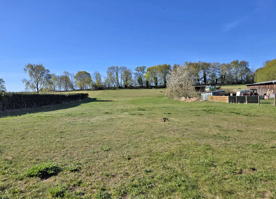 A grassy field under a blue sky, with trees lining the horizon and a shed with a tractor in the background.