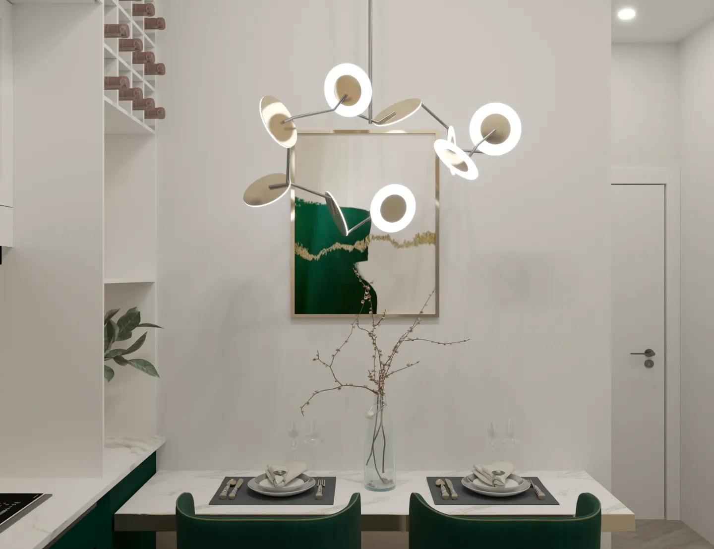 Modern dining area with a white table set for two, green chairs, and a unique chandelier. An abstract painting hangs on the white wall.