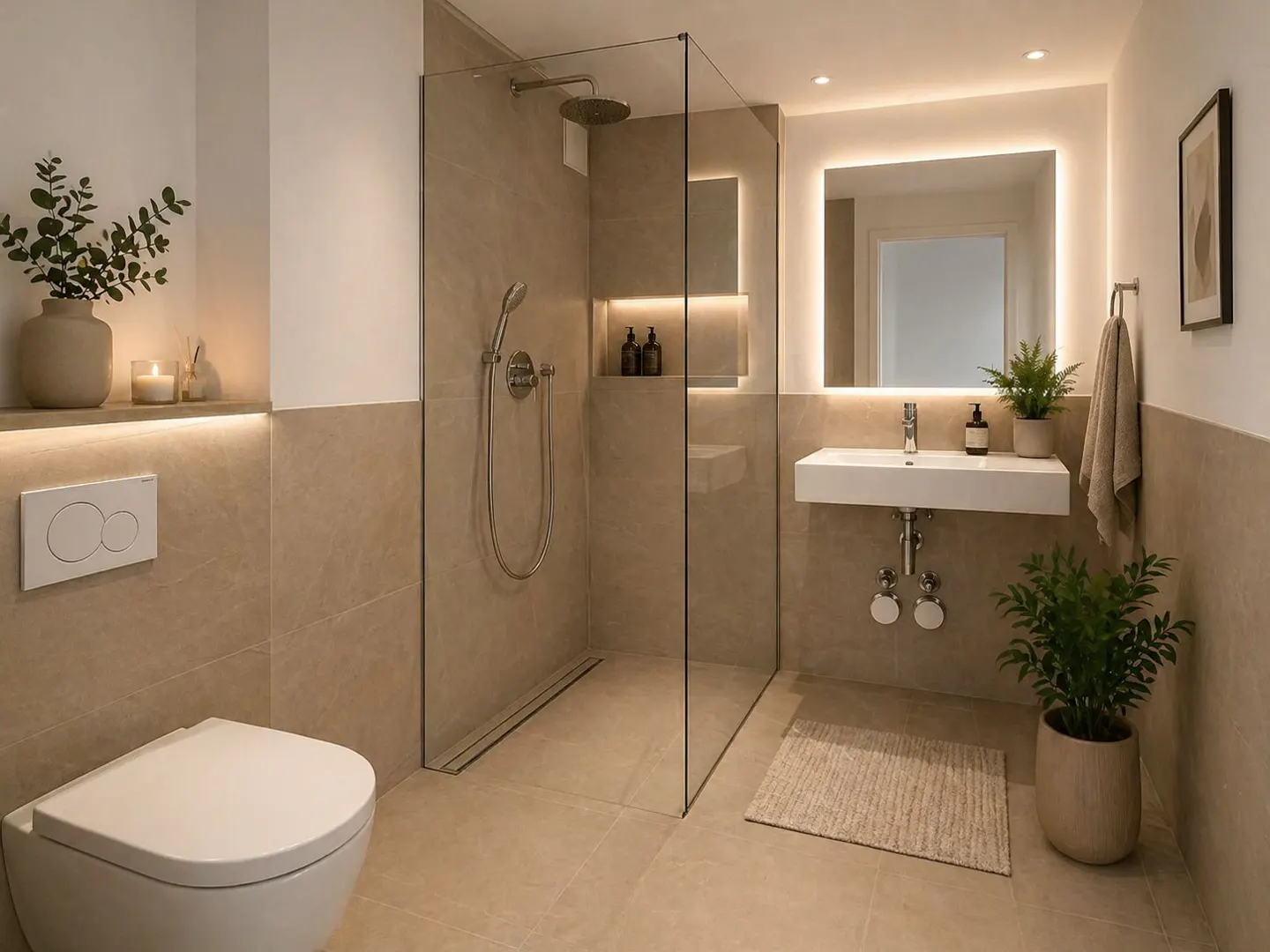Bright bathroom with beige tile, a glass shower, and a white toilet and sink. Plants add a touch of green.