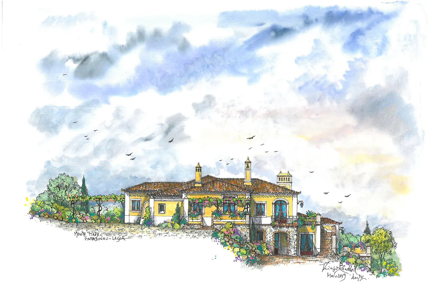 Watercolor painting of a yellow villa with a brown tile roof under a cloudy sky. Birds fly above the house.