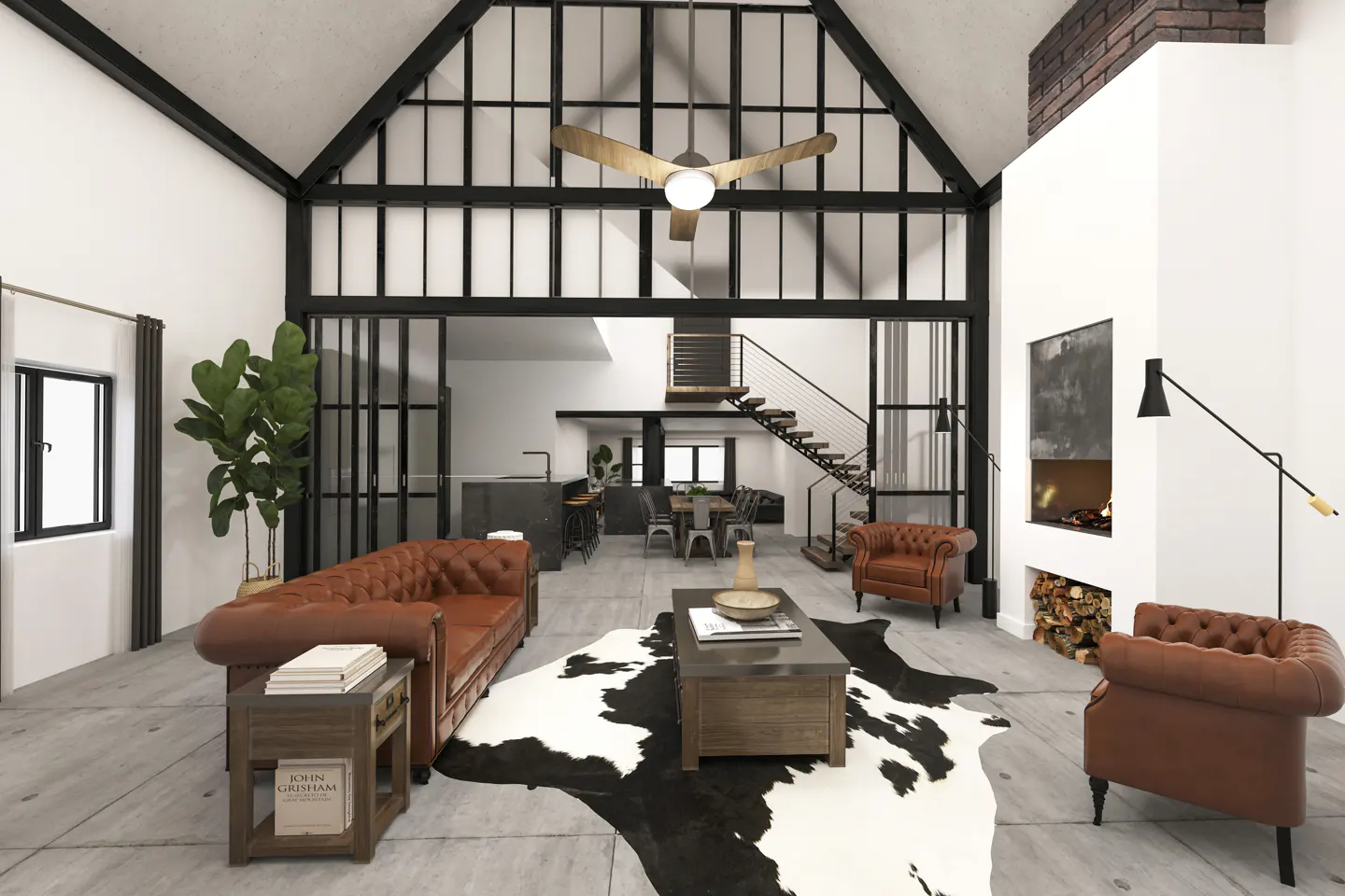 A modern living room with a high ceiling, brown leather furniture, and a black and white cowhide rug.