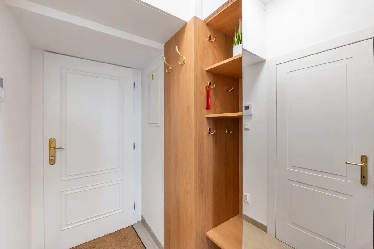 Modern entryway with two white paneled doors, a light wood coat rack with gold hooks, and a small decorative plant.