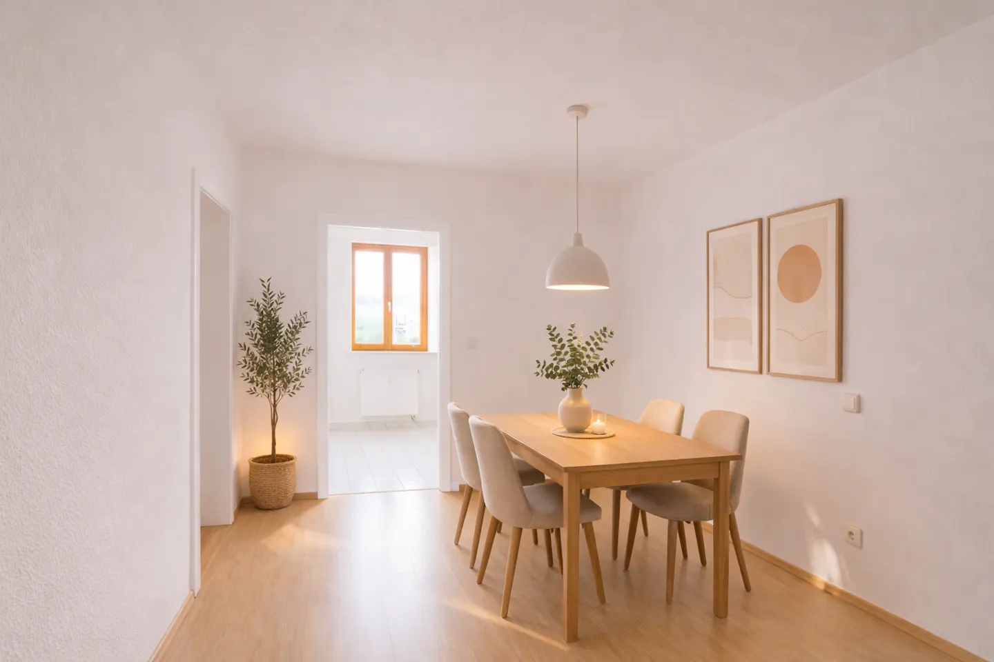 Bright dining room with a light wood table, beige chairs, and white walls. A plant sits in the corner, and art hangs on the wall.