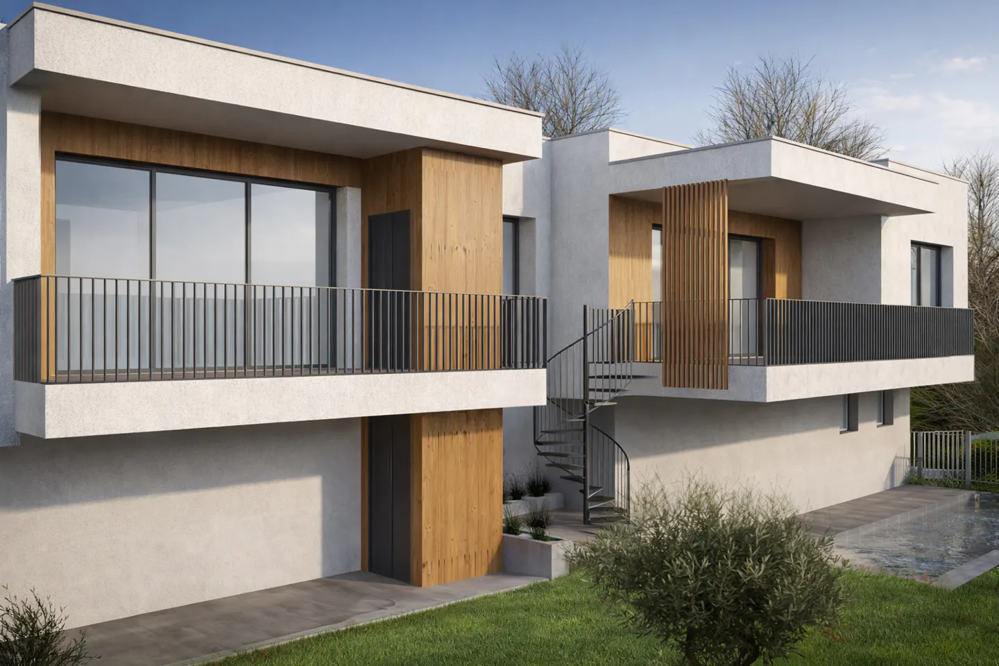 Modern two-story home with white stucco and wood accents. Balconies with black railings and a spiral staircase connect the levels.