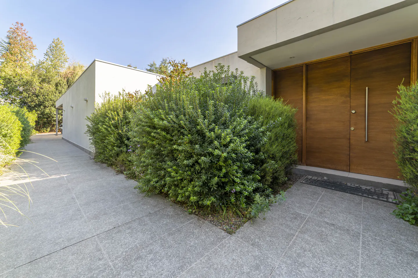 Modern home exterior with a gray stone walkway leading to a wood double door, flanked by green bushes.