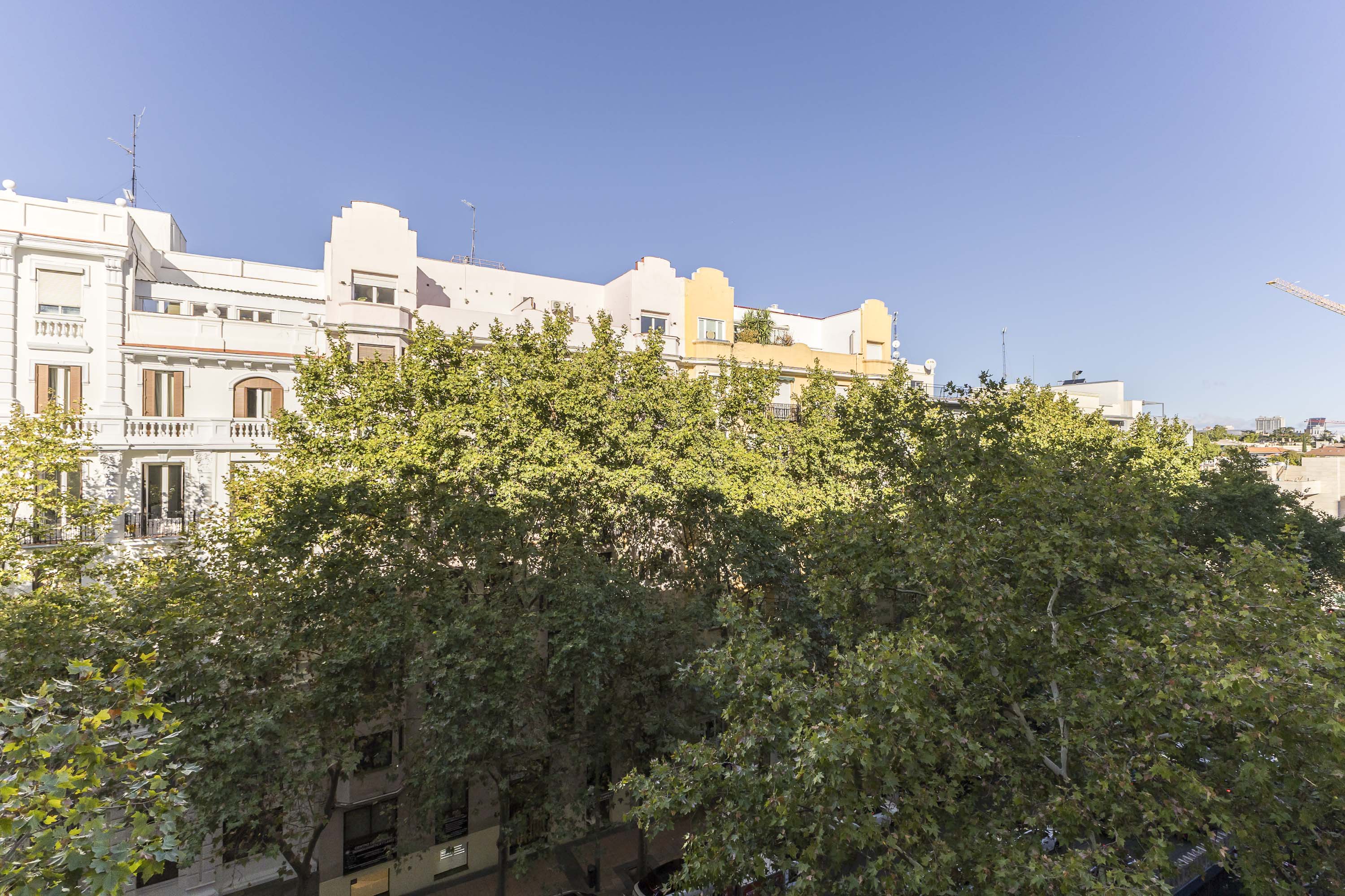 View of a white and yellow apartment building partially obscured by lush green trees under a clear blue sky. [AI-generated text] [AI-modified]