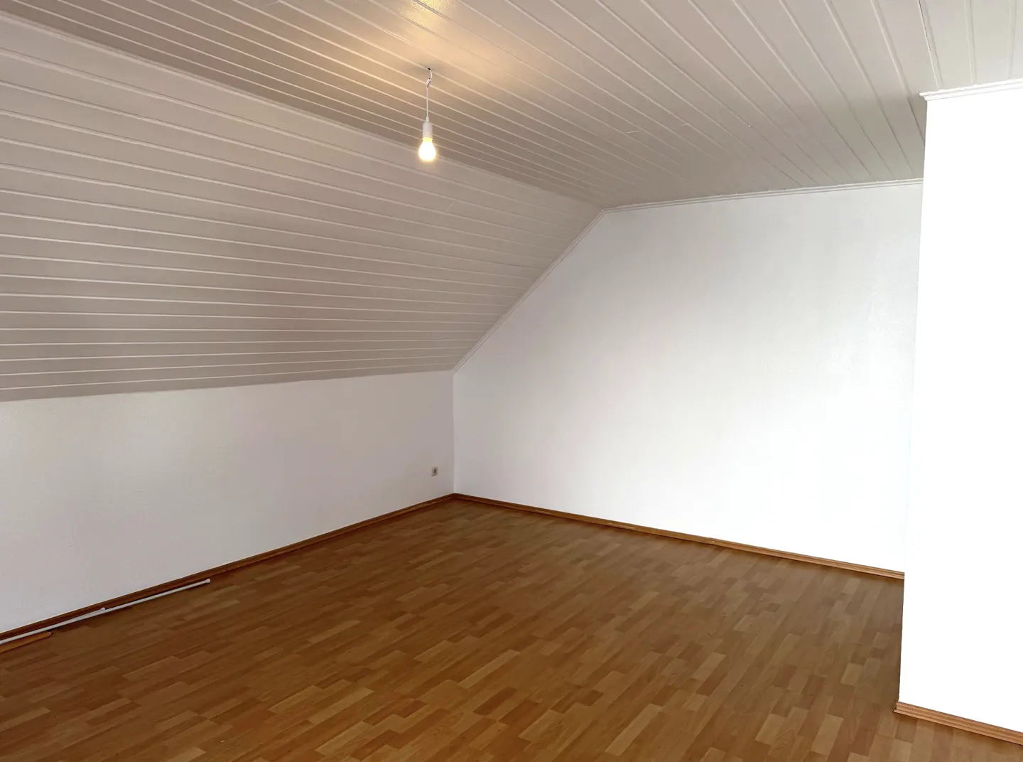 Empty attic room with wood floor, white walls, and a sloped, paneled ceiling with a single light bulb.