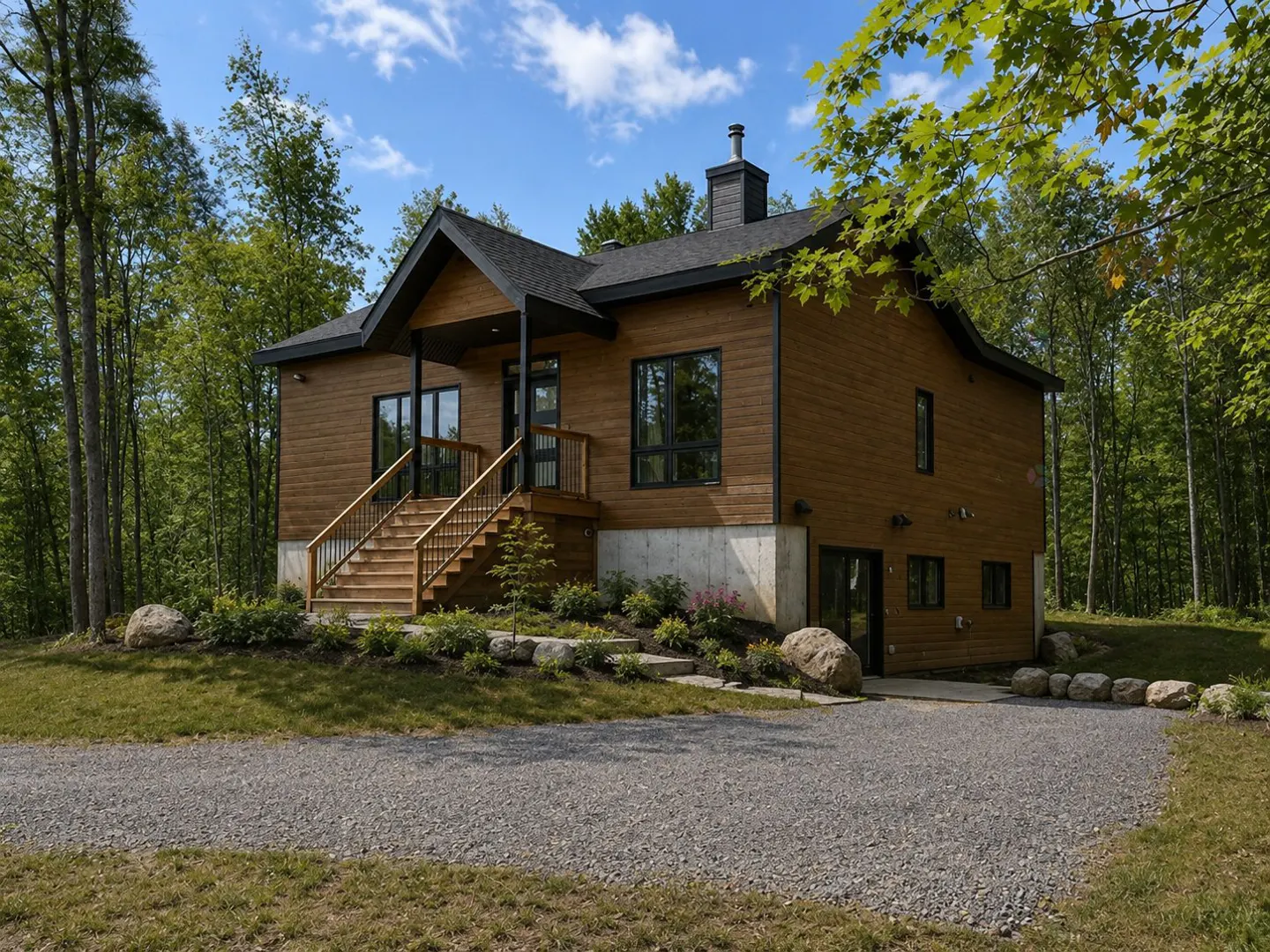 Modern wooden house with black trim, a gravel driveway, and a raised front porch, surrounded by a lush green forest.