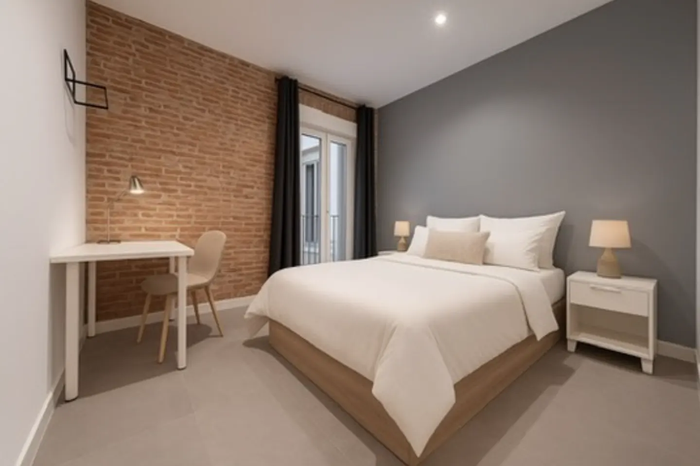 Bedroom with a white bed, nightstand, and desk. One wall is brick, another is gray. Black curtains frame a window.