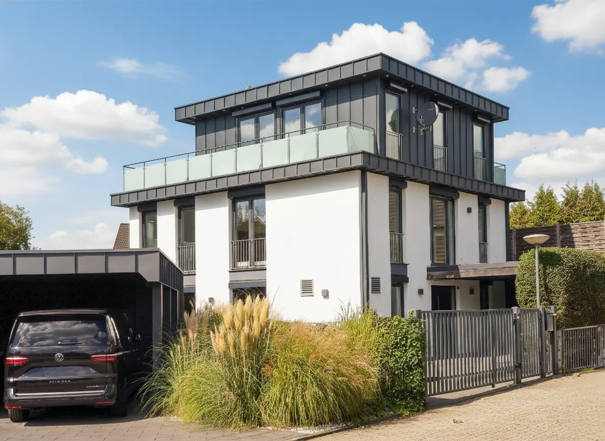 Modern white house with a dark gray roof and trim, a car in the carport, and ornamental grass in the front yard.