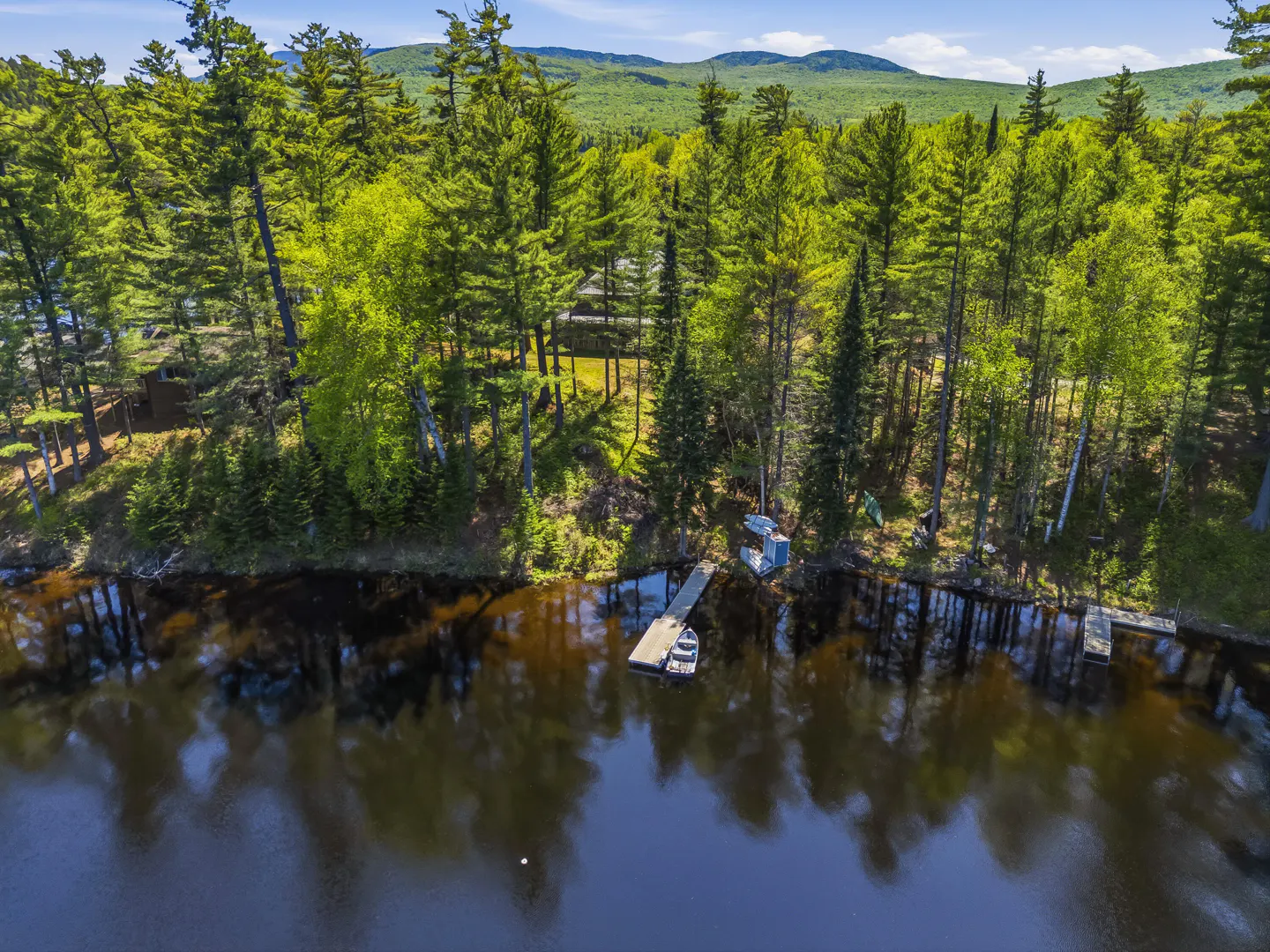 Aerial view of a lakefront property nestled in a lush green forest with a private dock, boat, and mountain backdrop.