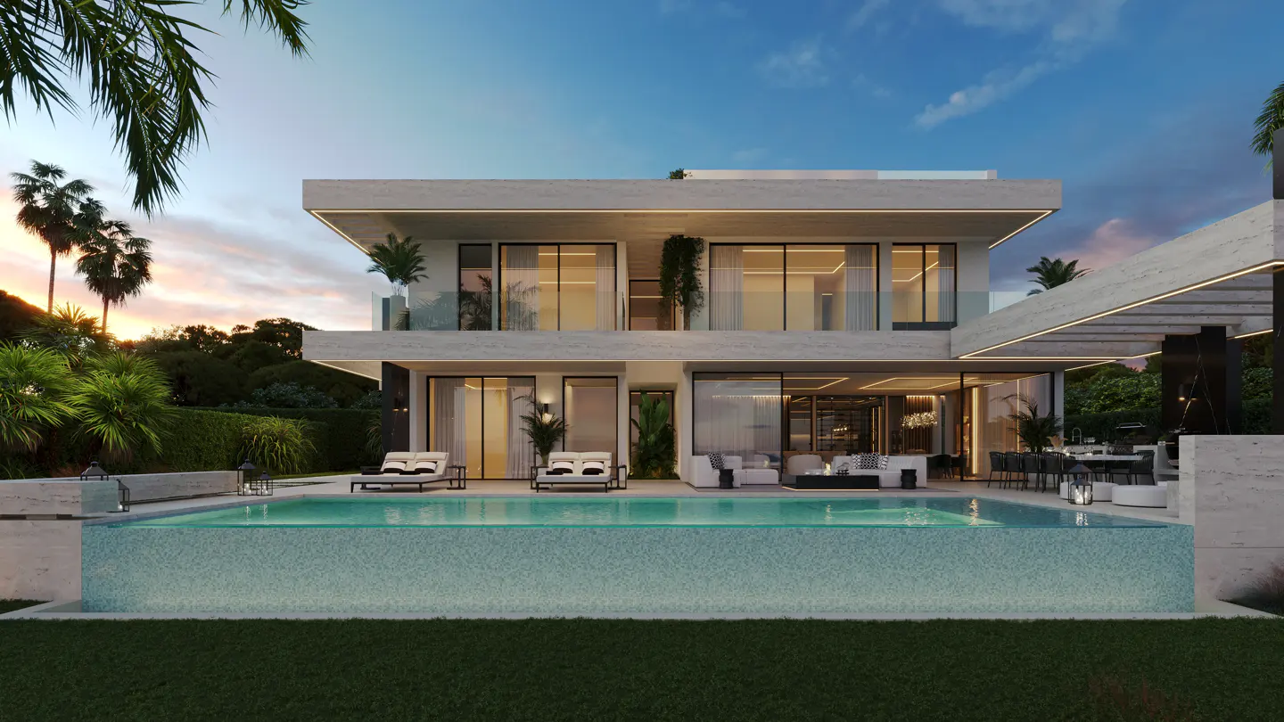 Modern two-story house with a pool. The house is white with large windows and a flat roof. Lounge chairs sit by the pool.