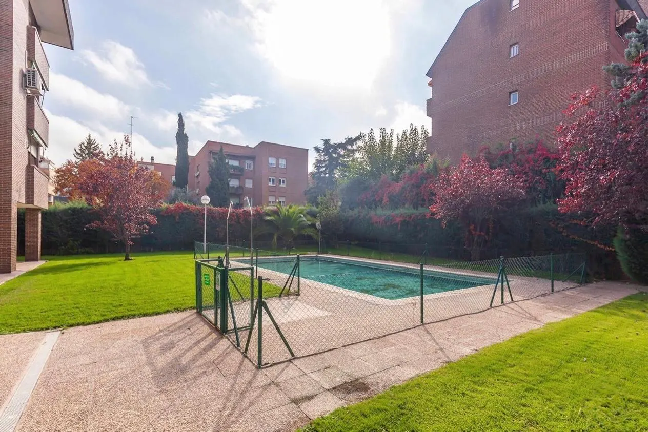 Outdoor pool surrounded by a green lawn and a chain-link fence, with brick buildings in the background.